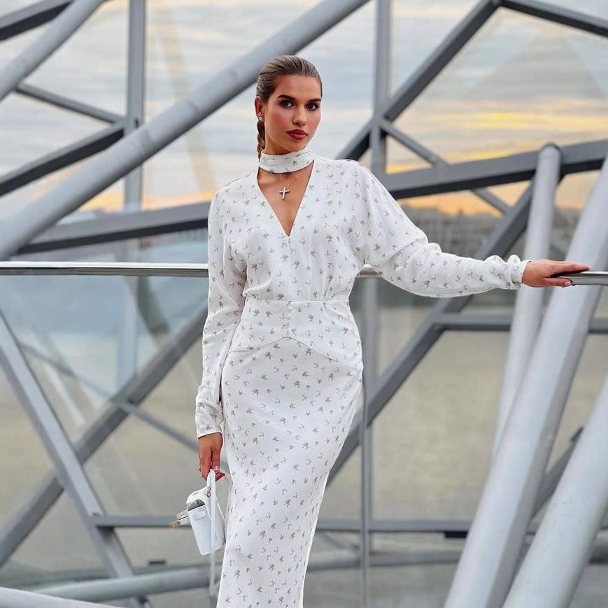Women's clothing autumn and winter new round neck long-sleeved holiday dress fashion printed dress