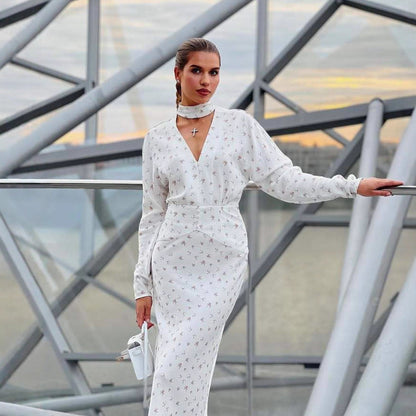 Women's clothing autumn and winter new round neck long-sleeved holiday dress fashion printed dress