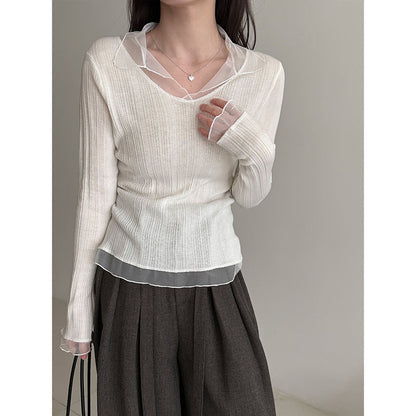 Korean mesh splicing V-neck knitted bottoming shirt women's early spring wool thin pit strip T-shirt