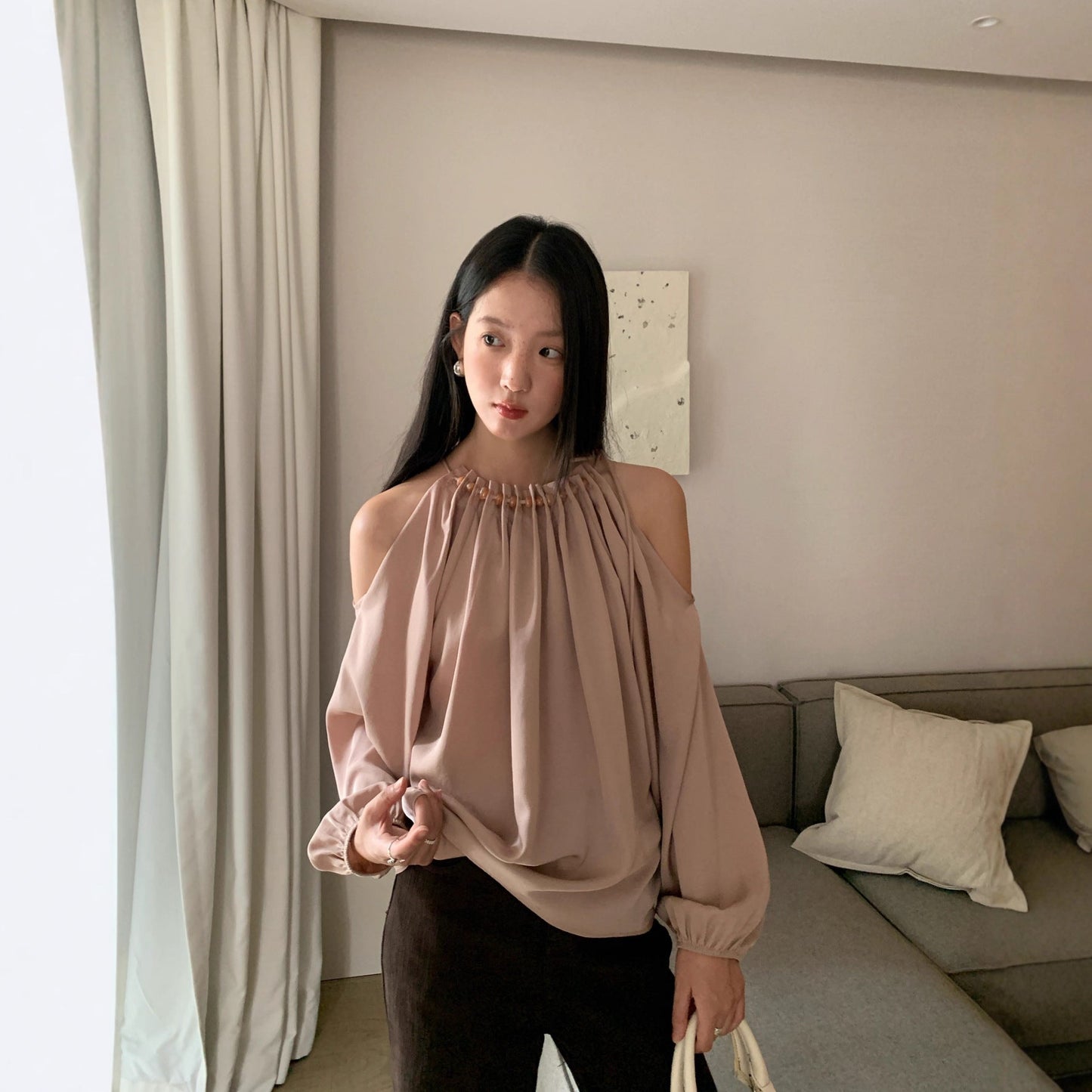 Temperament off-the-shoulder neck long-sleeved shirt women's loose doll shirt