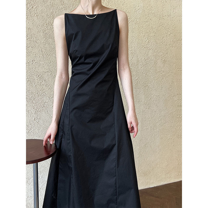 French temperament one-word collar waist thin dress women's summer new simple Muse fan