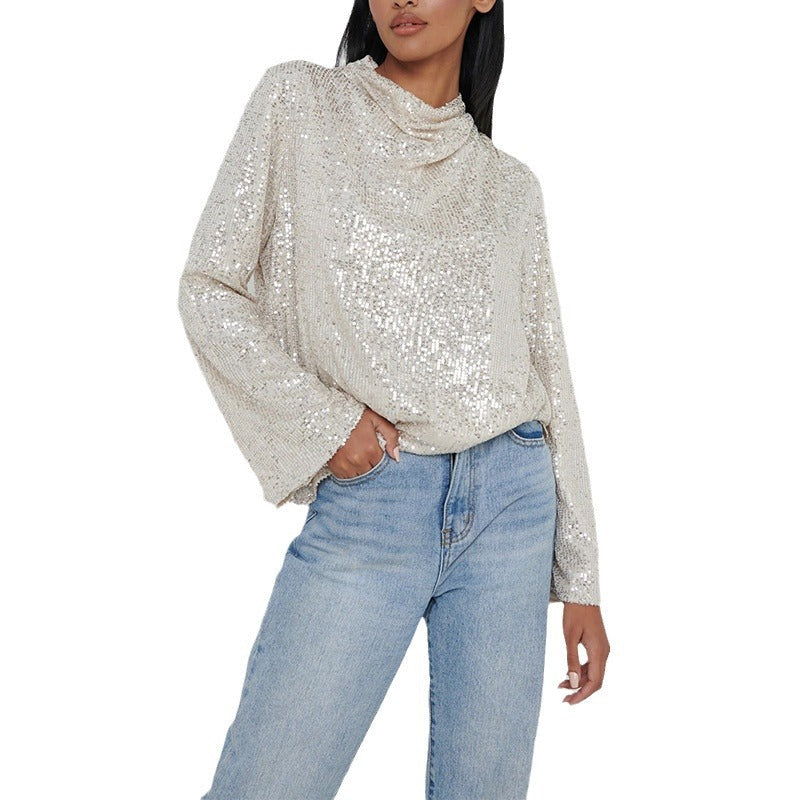 New silver long-sleeved bead long-sleeved shirt fashion round neck sequined shirt top women