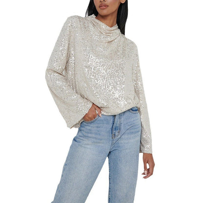 New silver long-sleeved bead long-sleeved shirt fashion round neck sequined shirt top women