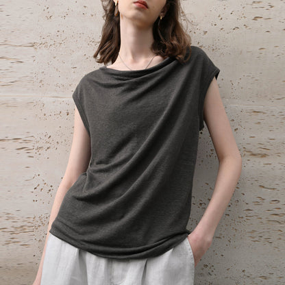 Hemp Sleeveless Top Women Slim Fit Swing Collar Knitted Shirt