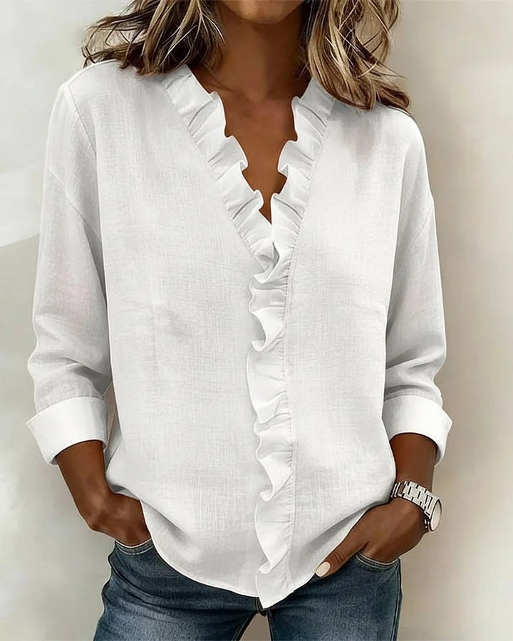 Spring women's fungus edge long-sleeved cotton shirt women's design sense spring new top shirt women's spring