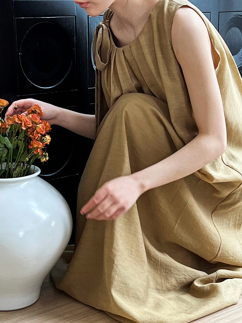 French imitation linen pleated sleeveless A-shaped dress, thin high-end vest skirt, vacation dress