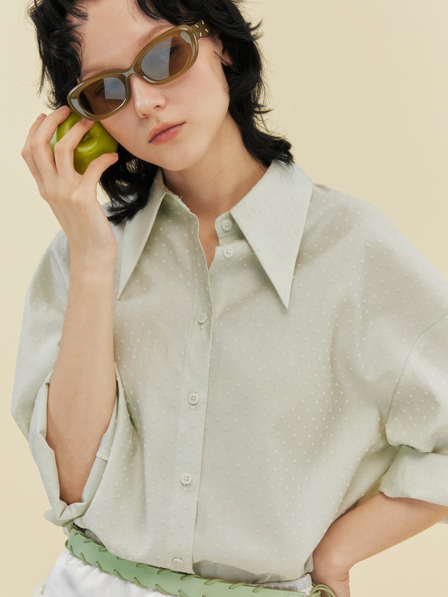 Fleece Tencel Polka Dot Seven-Sleeve Shirt