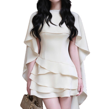 New satin shawl suspender short skirt fashionable solid color ruffle edge hip dress dress women