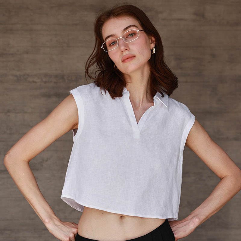 Pure Linen Sleeveless Collar Shirt