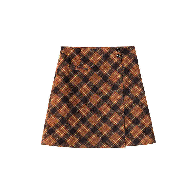 Hip Wrap Waist Buckle Design Plaid Coffee Skirt Women