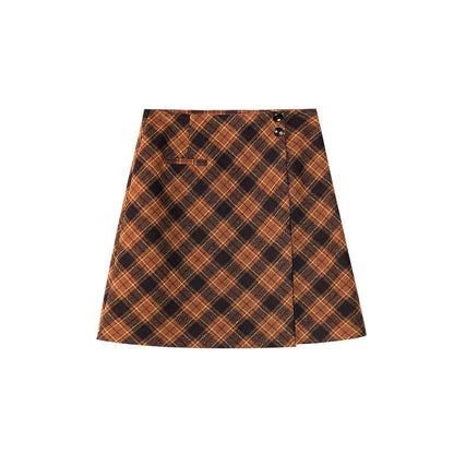 Hip Wrap Waist Buckle Design Plaid Coffee Skirt Women