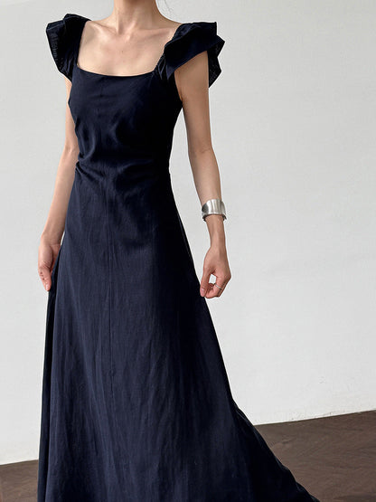 French small flying sleeve temperament dress summer new back hollow waist thin vest skirt