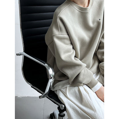 Simple silhouette loose BF solid color lazy pullover sweatshirt women's ins monogram embroidered long sleeve top