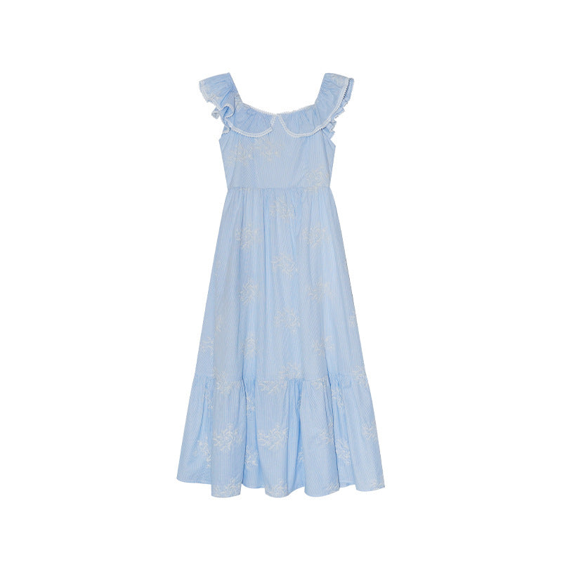 Beautiful embroidered high-waisted swinging ruffle-edged sleeveless dress