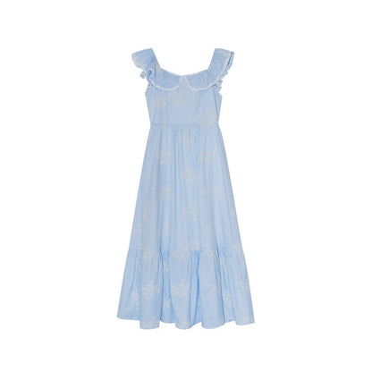 Beautiful embroidered high-waisted swinging ruffle-edged sleeveless dress