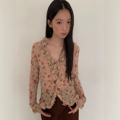 Rose print design ruffle edge thin through shirt
