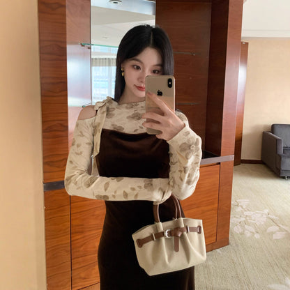 Vintage fashion slanted shoulder lace-up floral long-sleeved base shirt