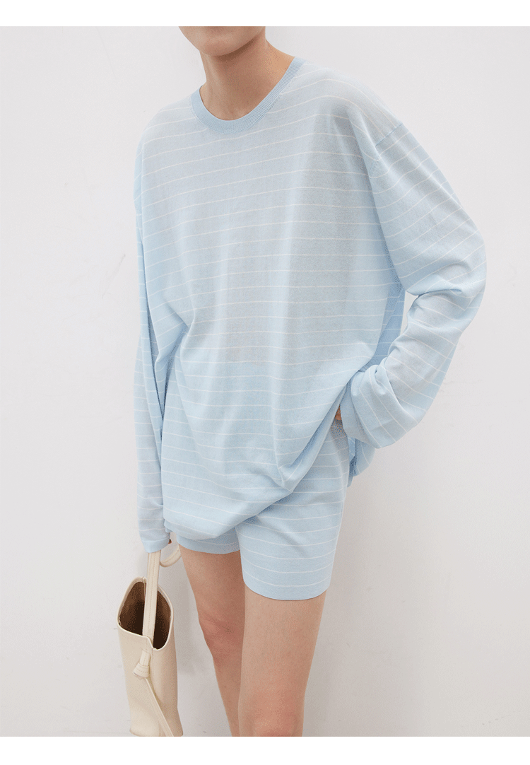 Striped Sweater Set Women Loose Fit Round Neck Long Sleeve Triacetate Cotton