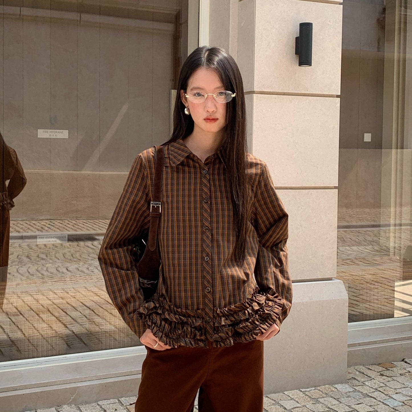 Autumn Merad retro fashion foreign style lapel long sleeve plaid shirt women