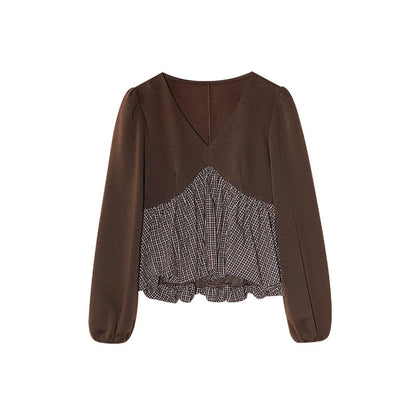 Sweet hem stitching long-sleeved v-neck top shirt