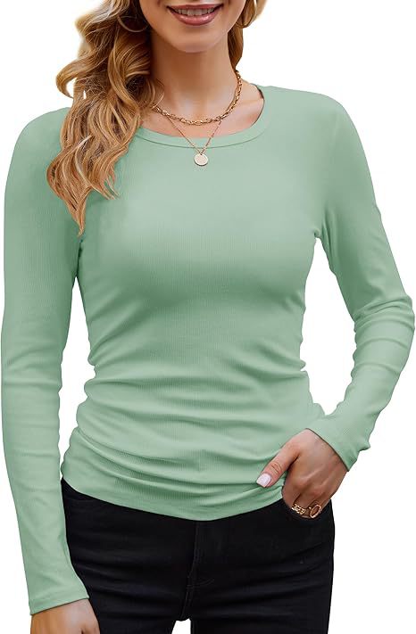 Ribbed Cotton Long Sleeve T-Shirt Women Solid Color Round Neck Slim Fit