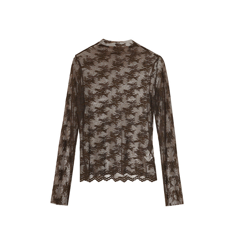 Perspective Thin Long Sleeve Embroidered Lace Shirt with Bottom