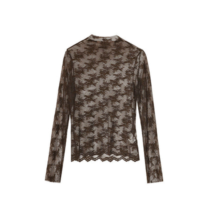 Perspective Thin Long Sleeve Embroidered Lace Shirt with Bottom