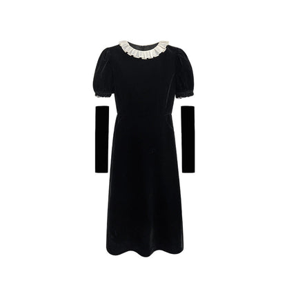 French lace collar shows thin temperament bubble sleeve dress