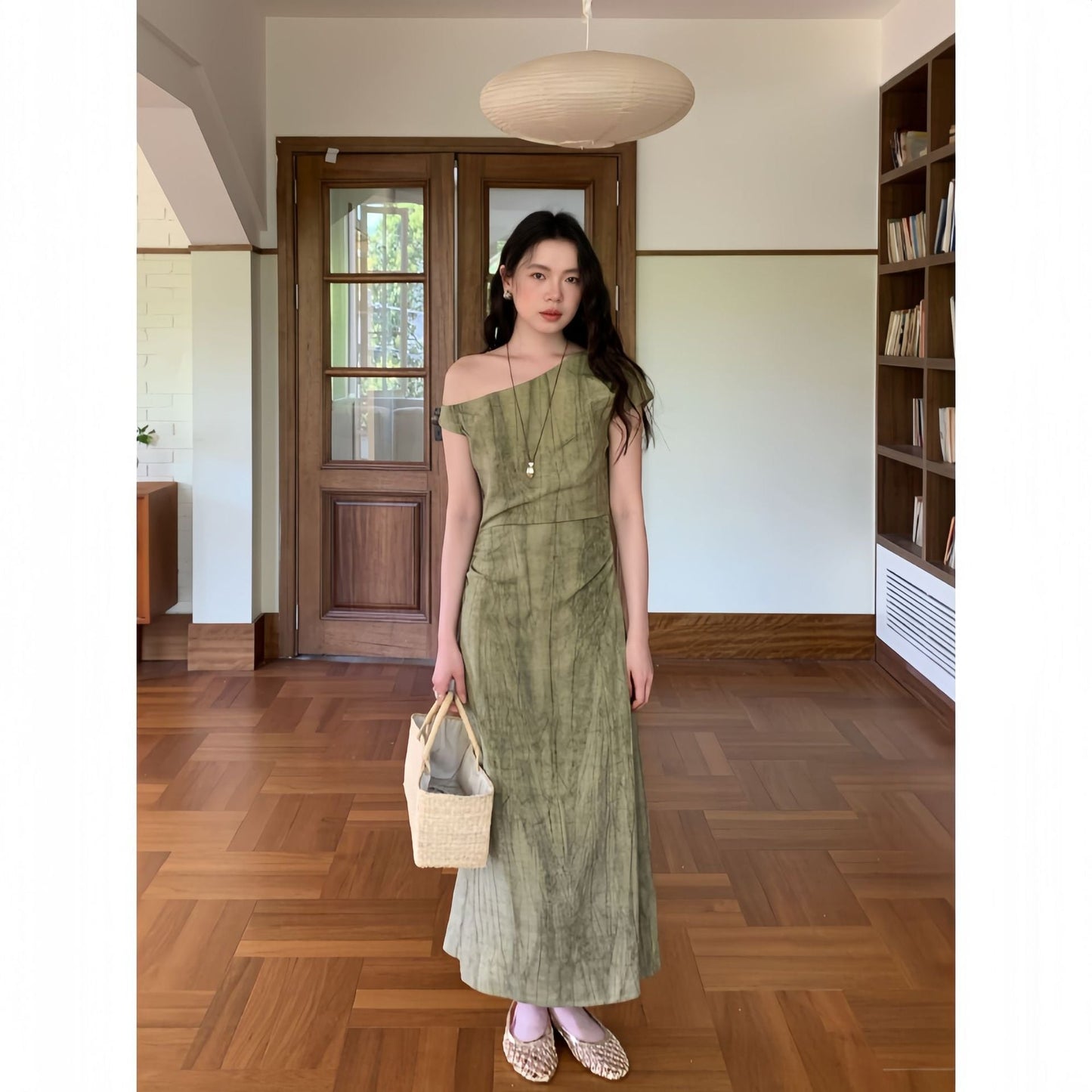 Slant collar temperament cotton and linen drape off-the-shoulder dress