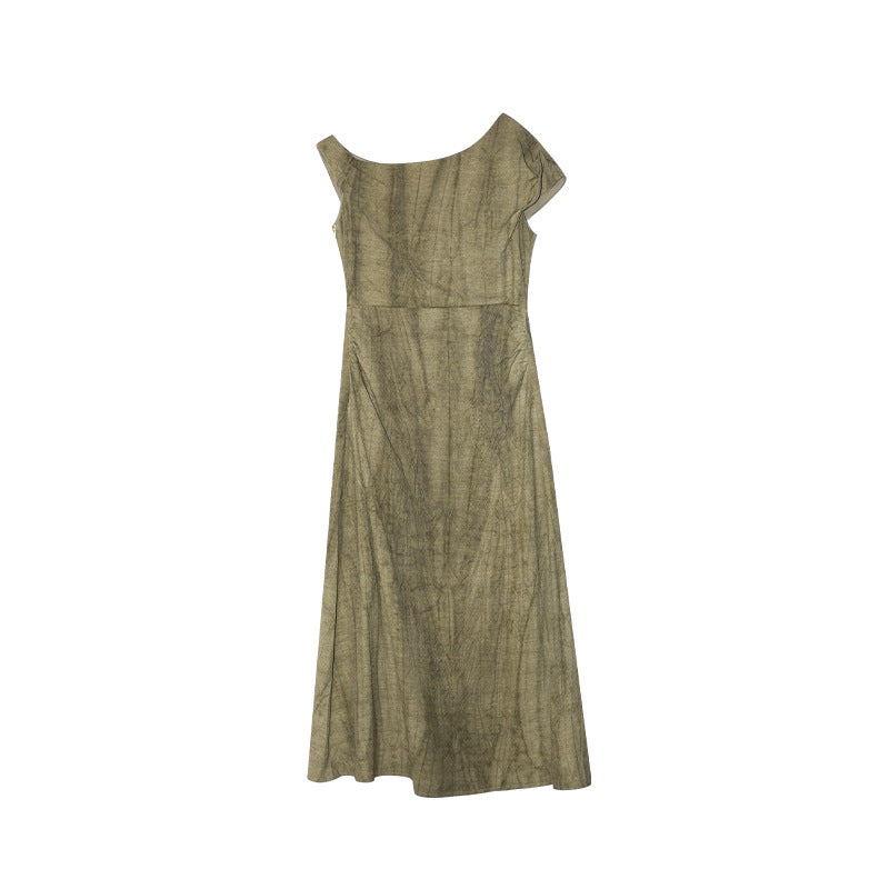 Slant collar temperament cotton and linen drape off-the-shoulder dress
