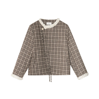 Mori checked lace irregular diagonal neck lace-up jacket
