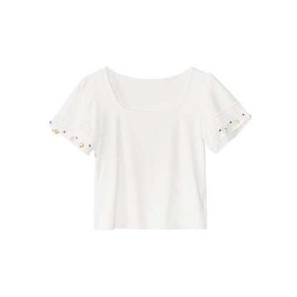 Versatile short-sleeved T-shirt slimming square neck lace trim top