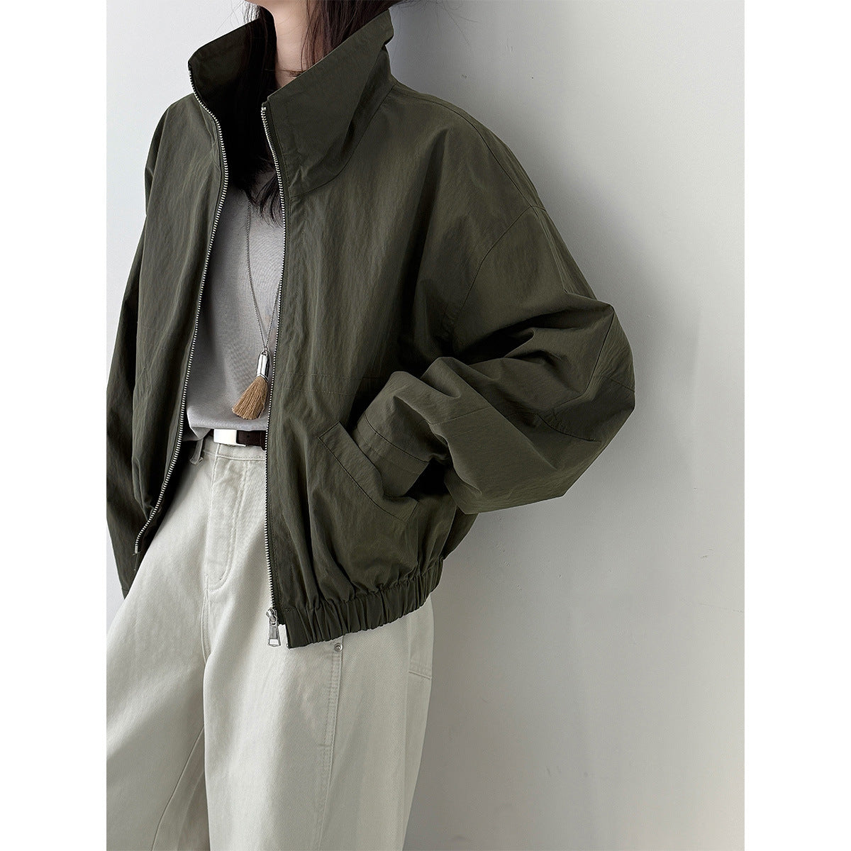 American retro short jacket jacket women's spring new stand-up collar loose outdoor tooling top