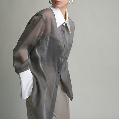 Spring and summer new sunscreen top temperament fragrant French fashionable shirt gray retro loose shirt women