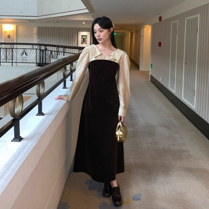 Commuter fake two-piece lapel long-sleeved velvet dress