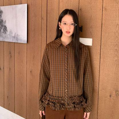Autumn Merad retro fashion foreign style lapel long-sleeved plaid shirt