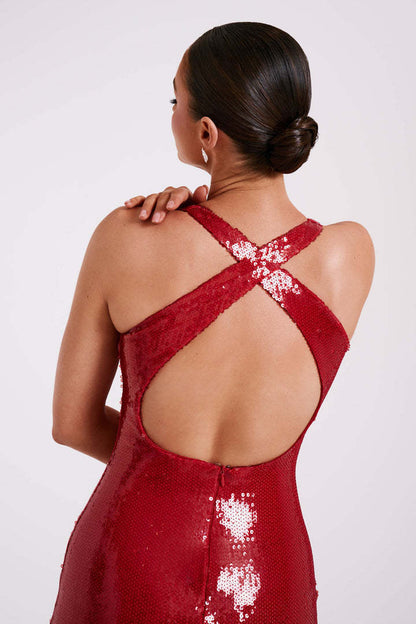 Hollow backless sexy red sequined split dress