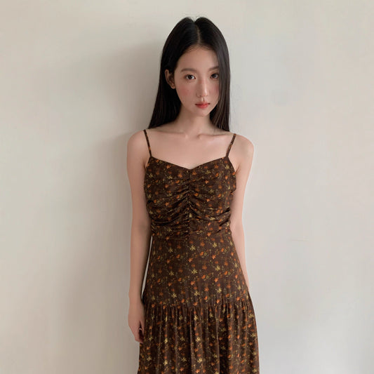 Resort style camisole dress women's pleated slim slimming floral skirt