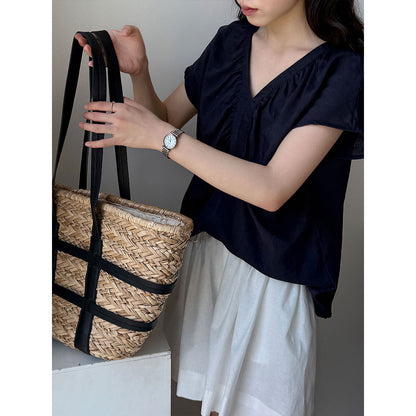 Linen korean style flutter sleeve v-neck blouse - new summer collection, unique design shirt
