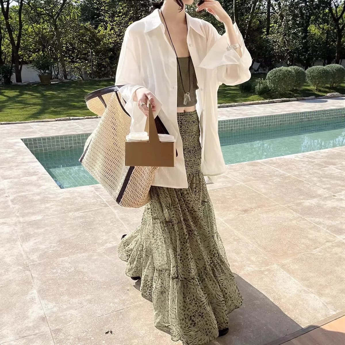 Folded Leopard Chiffon Printed Versatile Casual Cake Skirt