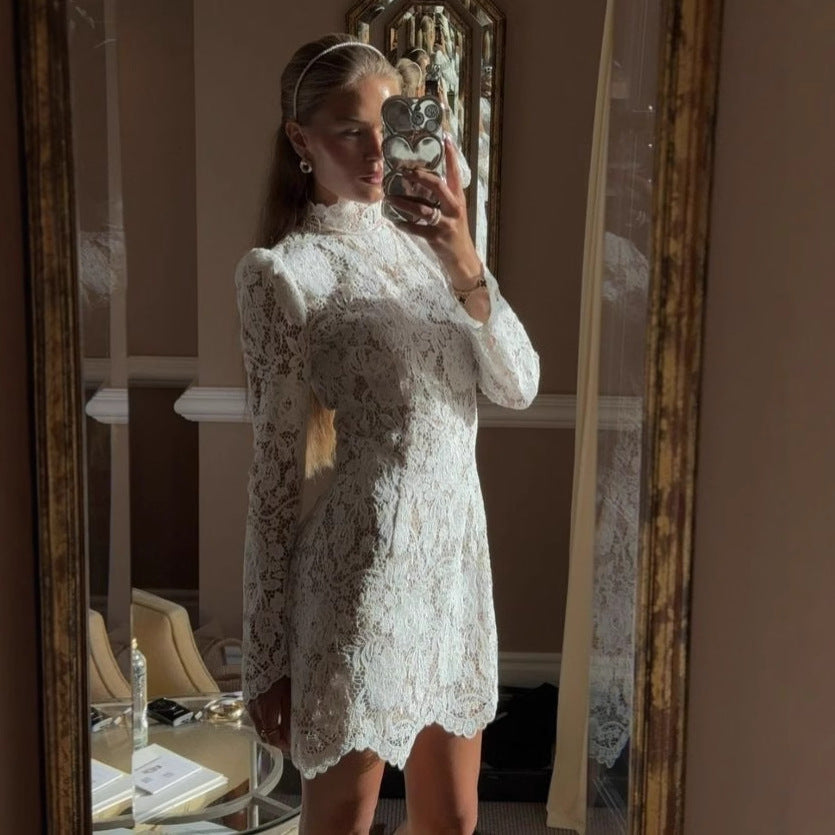 Fashion Sexy Lace Short Skirt Hollow Slim Flared Sleeve Dress