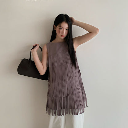 Bohemian temperament heavy industry fringed sleeveless vest dress