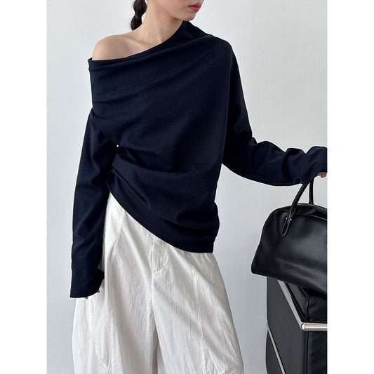Irregular design slanted shoulder long-sleeved sweater women's autumn new lazy Sorona off-the-shoulder top