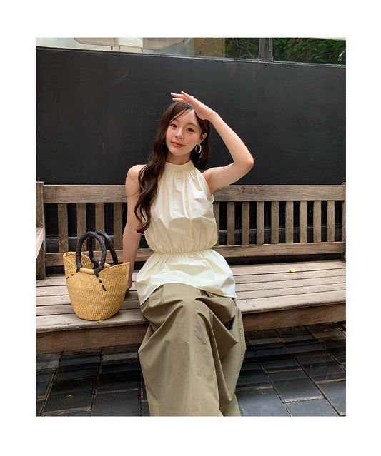 Casual simple and versatile solid color high waist and thin skirt