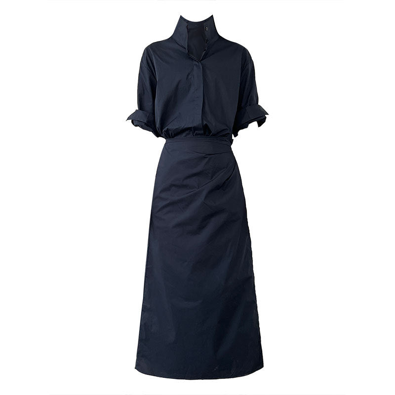 Korean version of the design sense lace-up V-neck waist dress women's summer new thin shirt long skirt