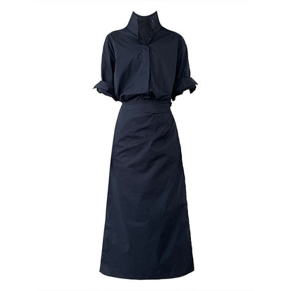 Korean version of the design sense lace-up V-neck waist dress women's summer new thin shirt long skirt