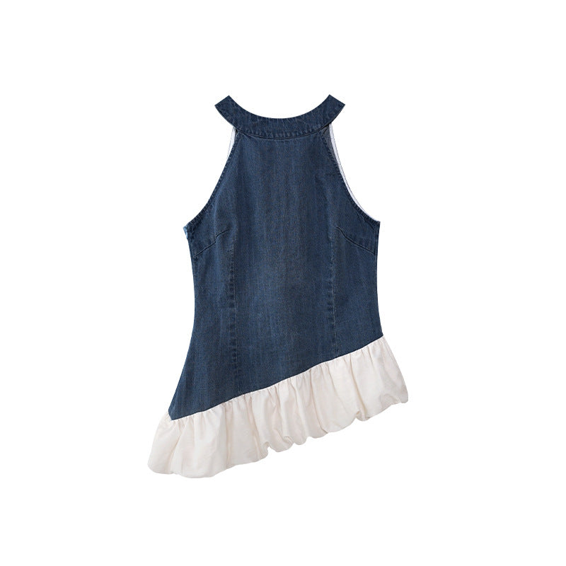 Denim Vest Asymmetrical Neck Sleeveless Top