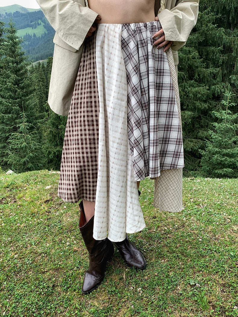 Irregular Vintage Plaid Patchwork Skirt