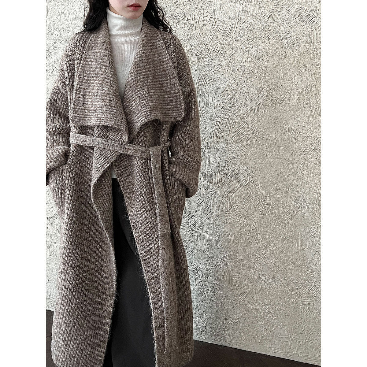 Korean style oversized knit cardigan with wide lapel - new autumn collection, soft and cozy wool blend, relaxed fit long coat