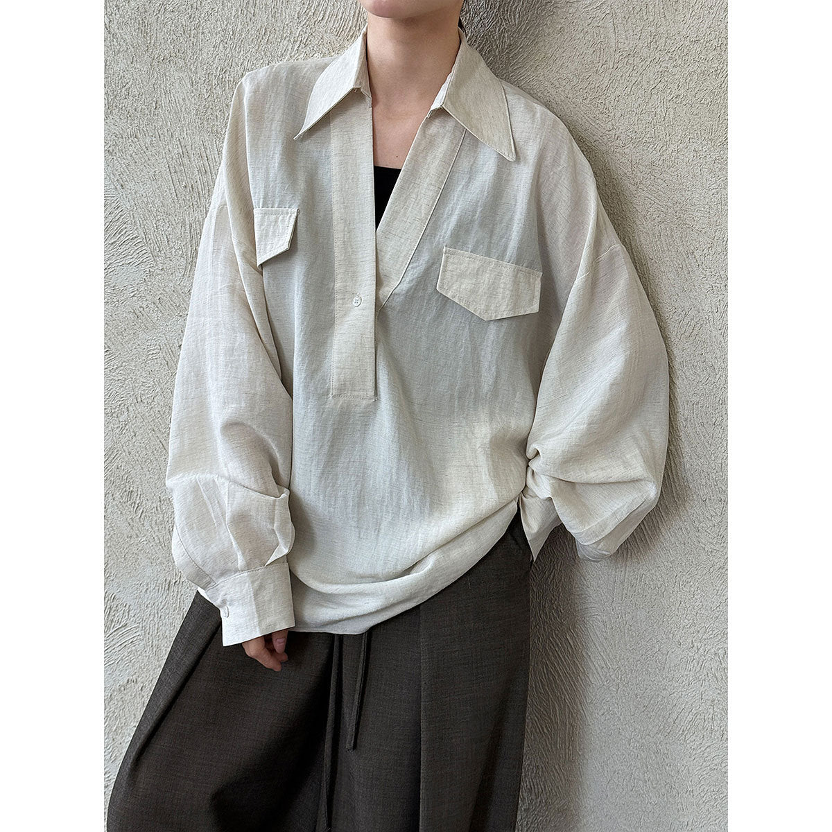 Korean V-neck linen shirt women's long sleeve autumn new temperament blogger relaxed design shirt